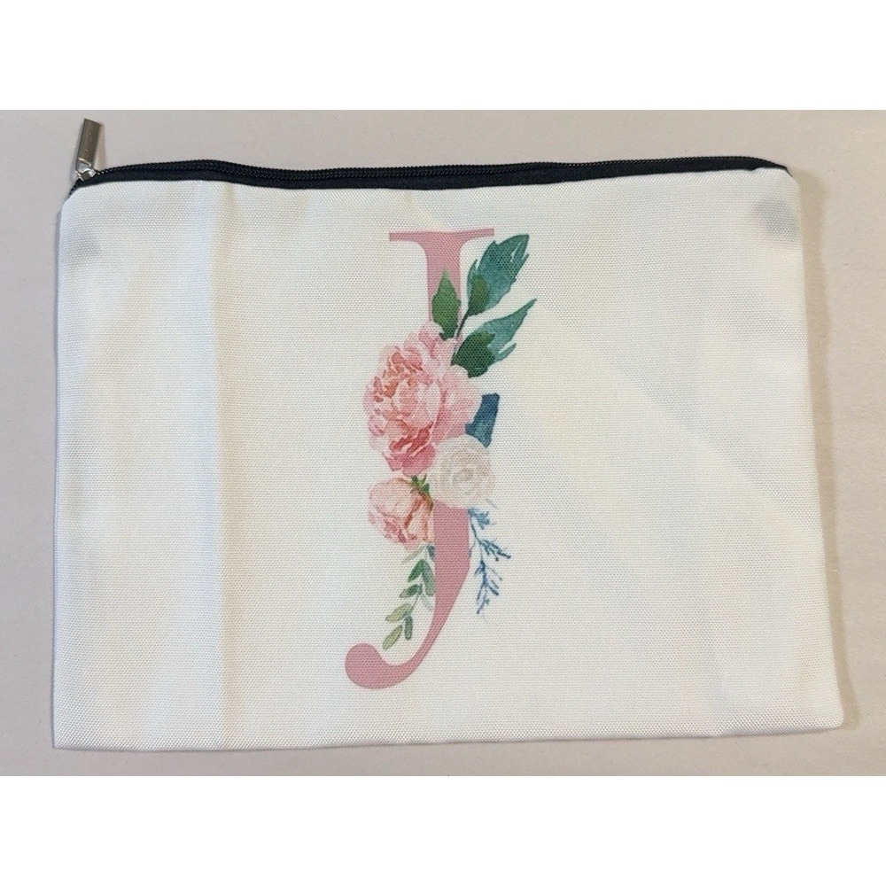 Z0233-Floral Initial Makeup Bag Cosmetic Pouch Zipper 8.5" x 6" Pink Rose New